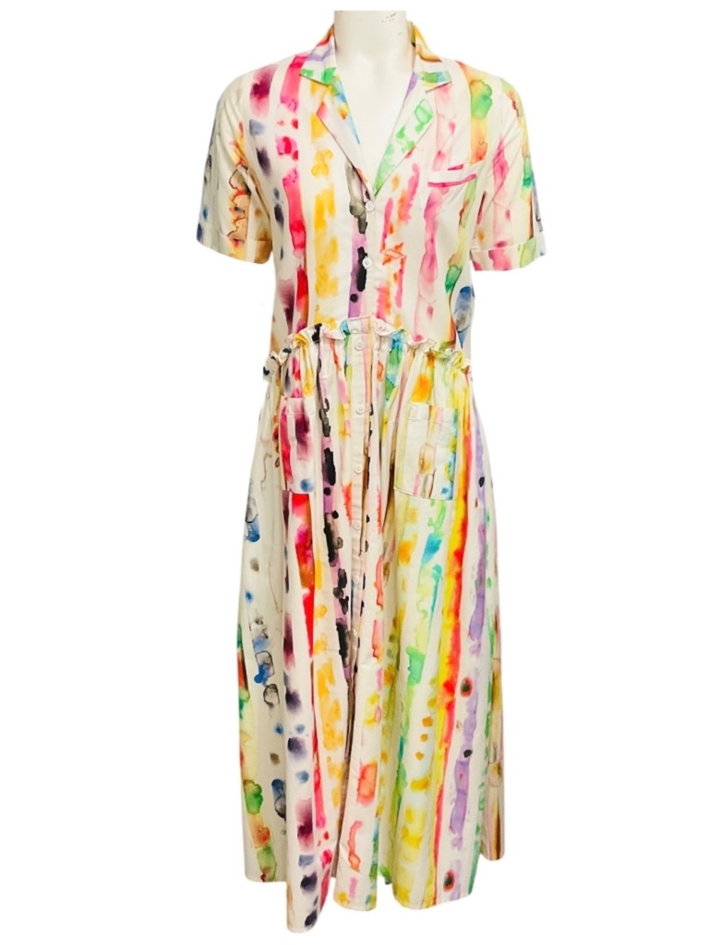 ROSIE ASSOULIN IVORY MULTI WATERCOLOR PRINT SHORT SLEEVED MIDI DRESS